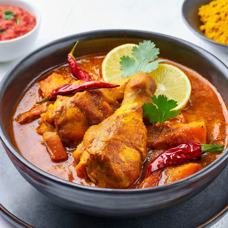 Indian chicken curry with drumsticks, lemon slices, and red chilies in a dark bowl.
