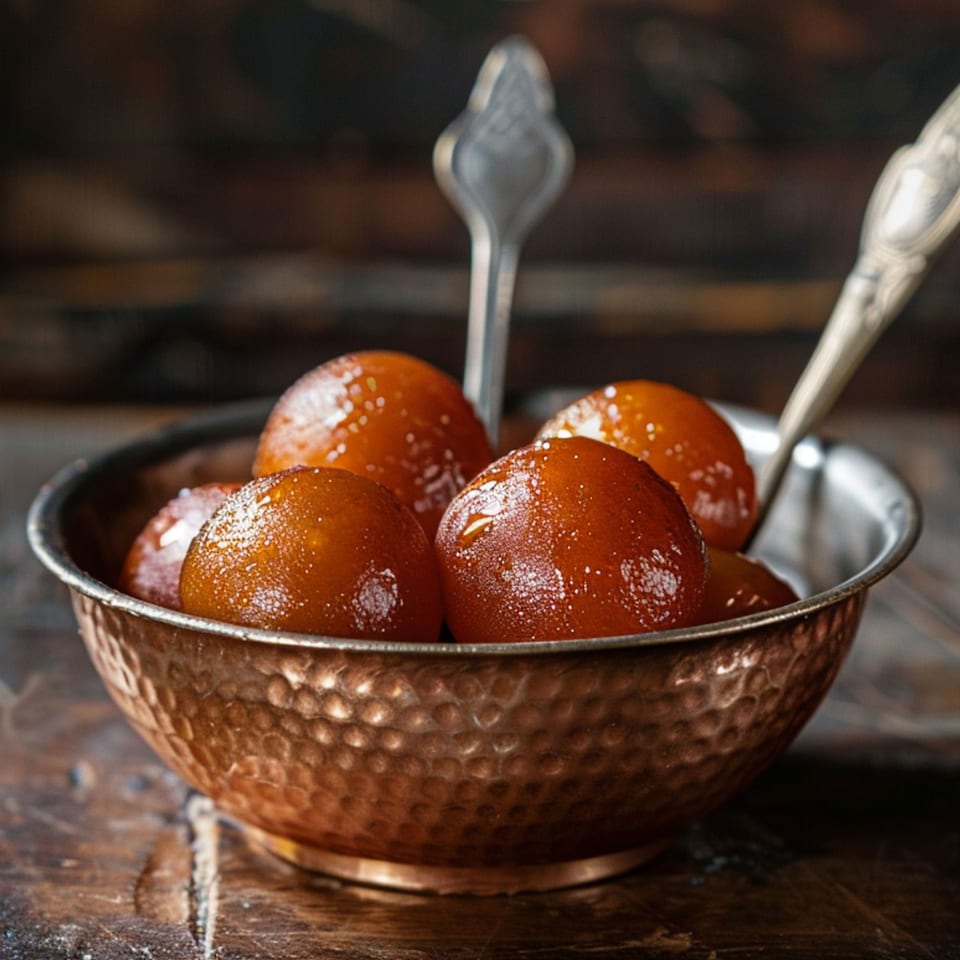 Gulab Jamun, an Indian dessert, in a hammered copper bowl with two spoons.
